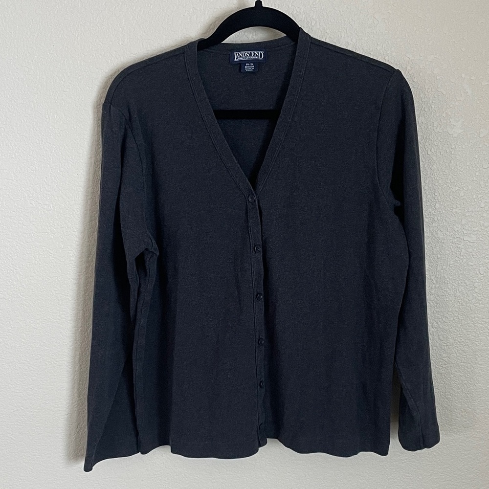 Vintage Y2K Lands End Cotton V-Neck Cardigan Sweater Women’s L Grey Minimalist